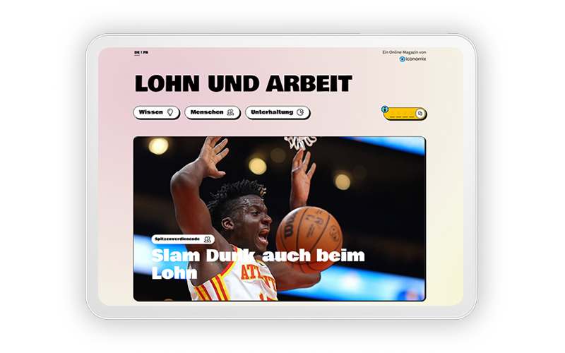 Tablet mit Ausschnitt aus Online-Magazin "Lohn und Arbeit"