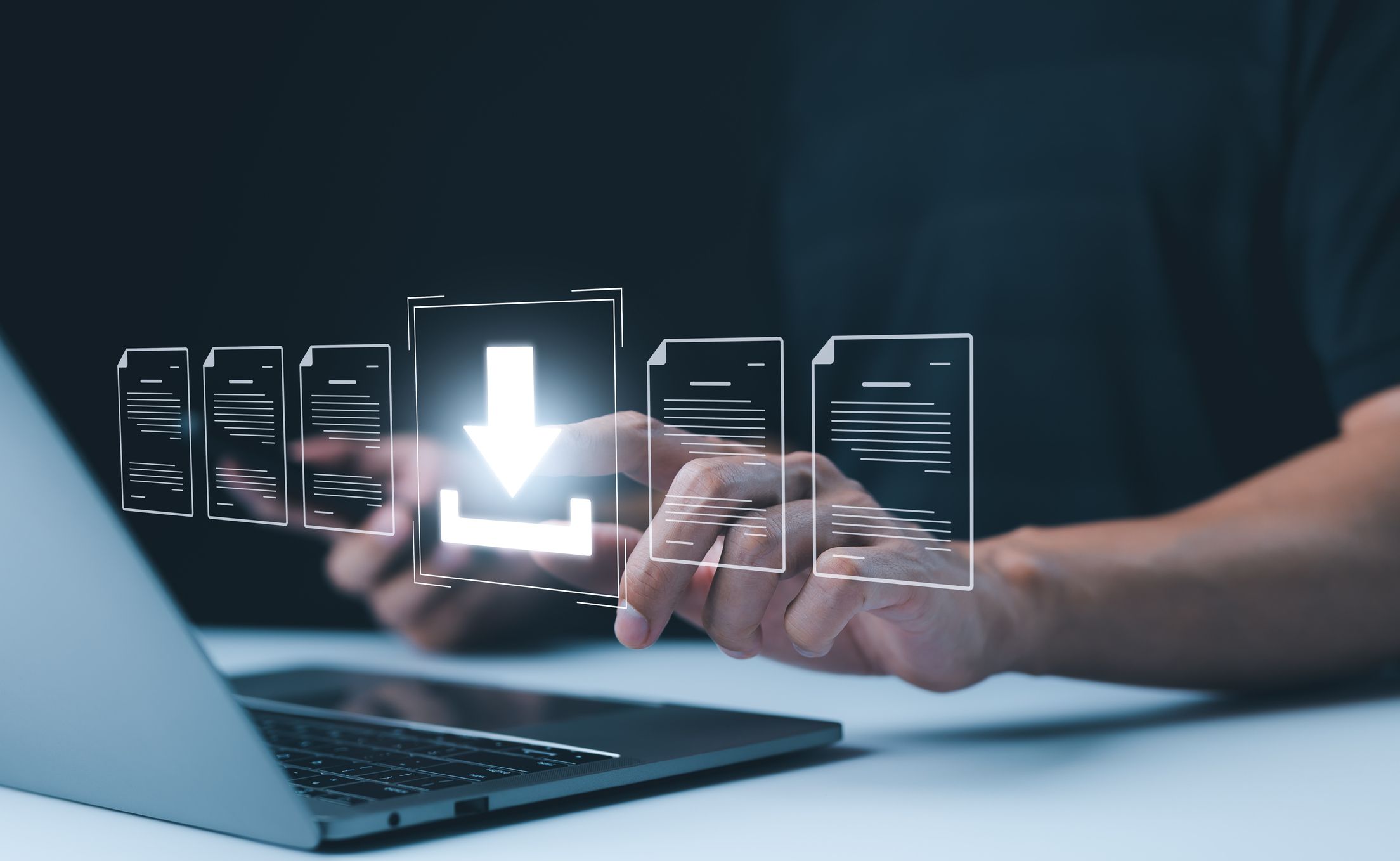 Digital File Download and Data Transfer Technology. Person interacting with digital interface to download files, symbolizes modern data transfer, file management, technology-driven business operations