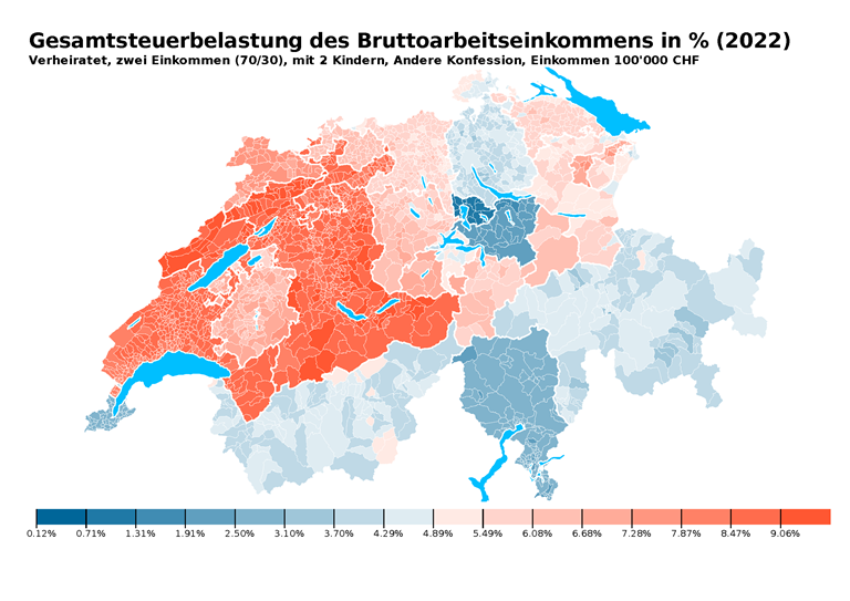 Abbildung 3: Einkommenssteuerbelastung bei Bund, Kantonen und Gemeinden in Prozent des Bruttoarbeitseinkommens.