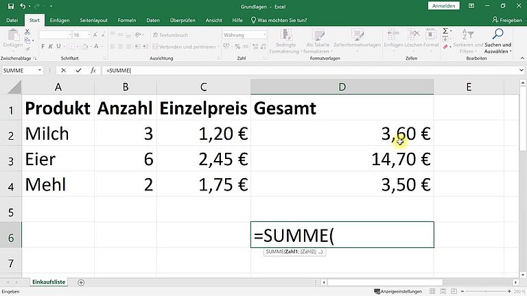 Excel: Rechnen, einfache Formeln, Summe